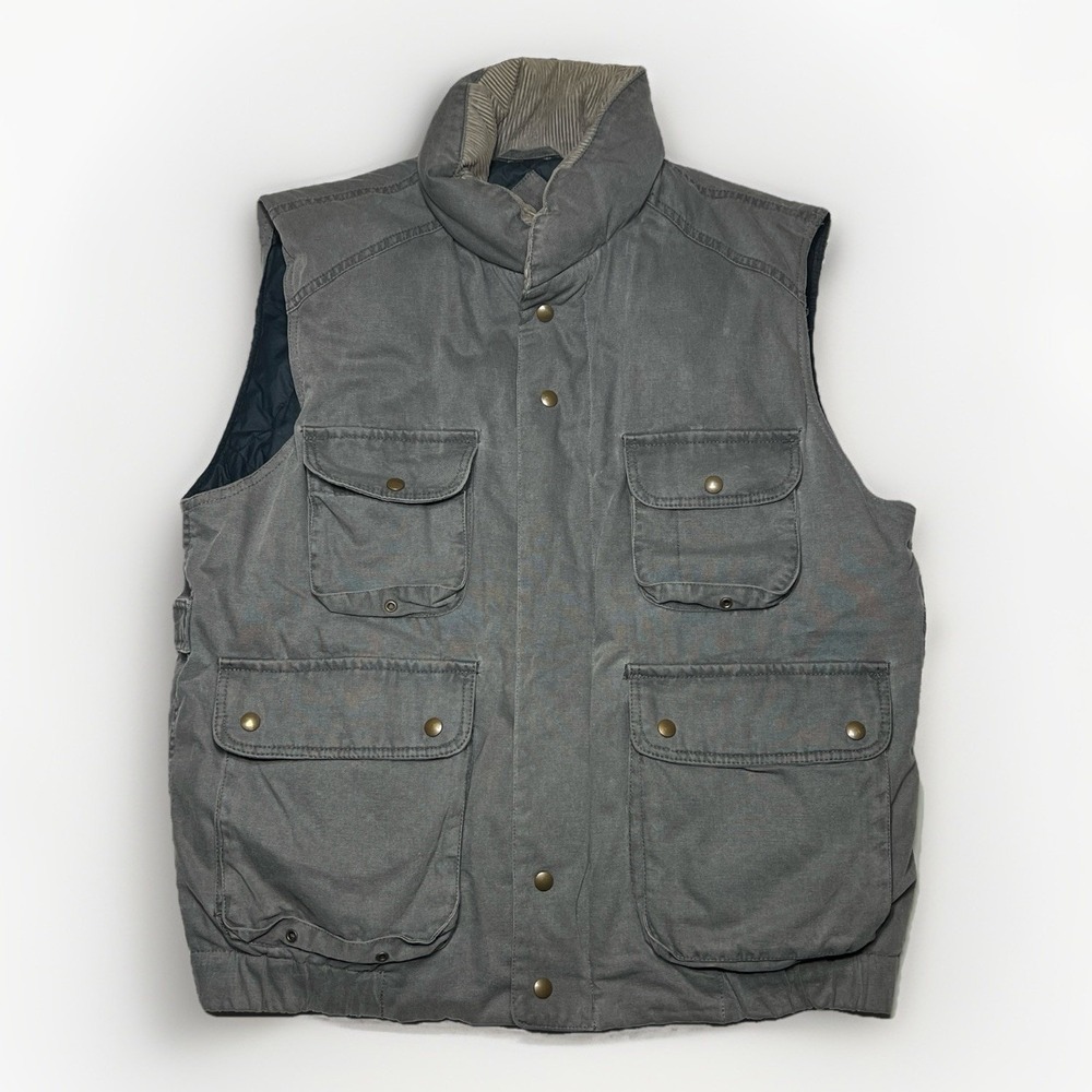 Eddie Bauer VTG Goose Down Grey Canvas Hunting Utility Vest Jacket Mens XL